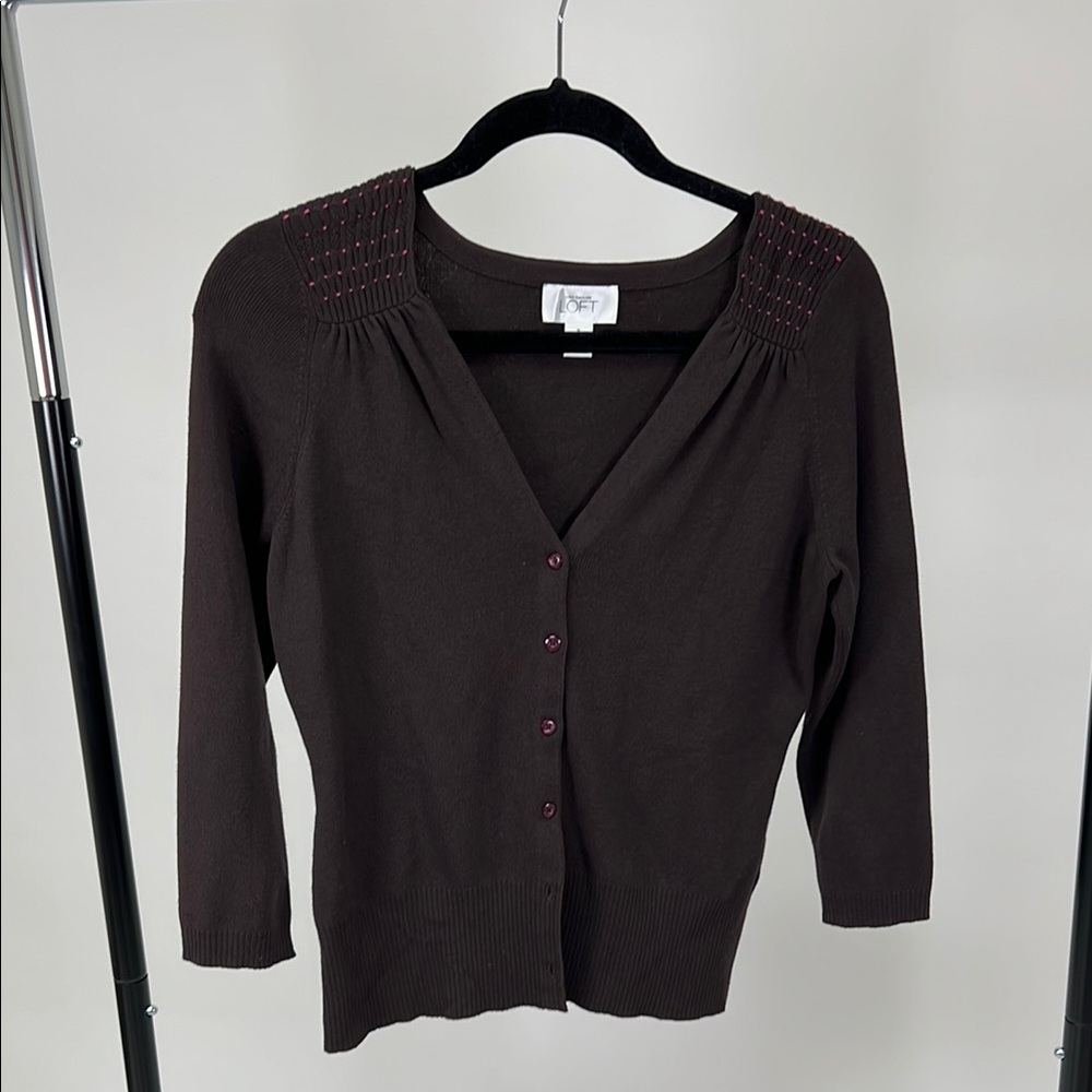 Ann Taylor Loft Women's Y2K Brown Pink V Neck Buttoned Cardigan Small